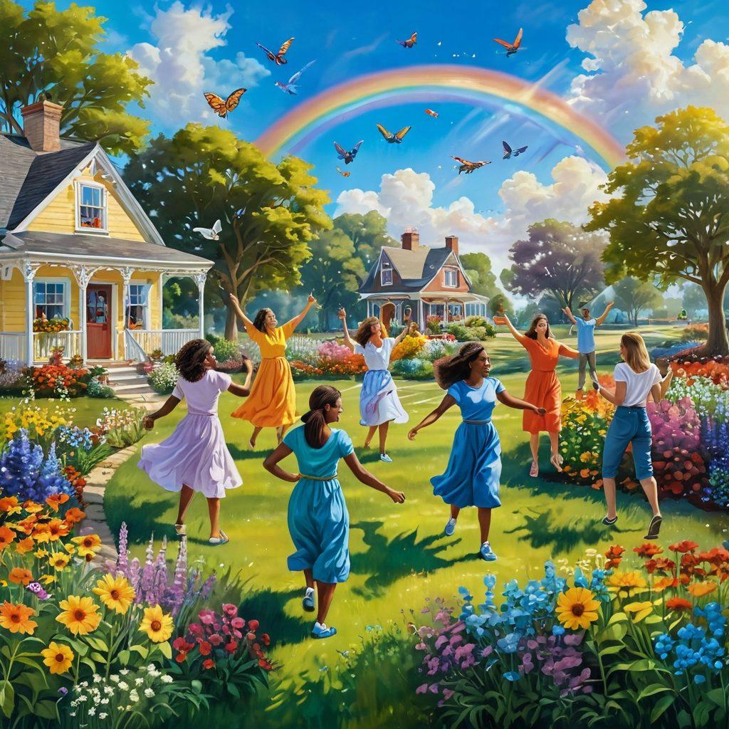 A bright, sunlit landscape featuring a diverse group of people joyfully engaging in various activities that promote happiness, such as dancing, painting, and gardening. The scene includes colorful flowers, a rainbow in the sky, and smiling faces, embodying positivity and cheer. Surrounding elements like birds and butterflies add to the whimsical nature of the composition. vibrant colors. super-realistic. playful atmosphere.