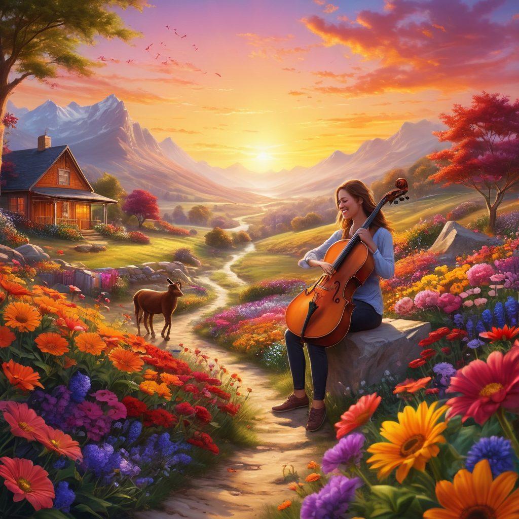 A radiant sunrise illuminating a vibrant landscape filled with colorful flowers, diverse people laughing, embracing, and engaging in joyful activities. Include symbols of passion such as musical instruments and art supplies scattered throughout. The atmosphere should be lively, reflecting positivity and energy. super-realistic. bright colors. uplifting composition.