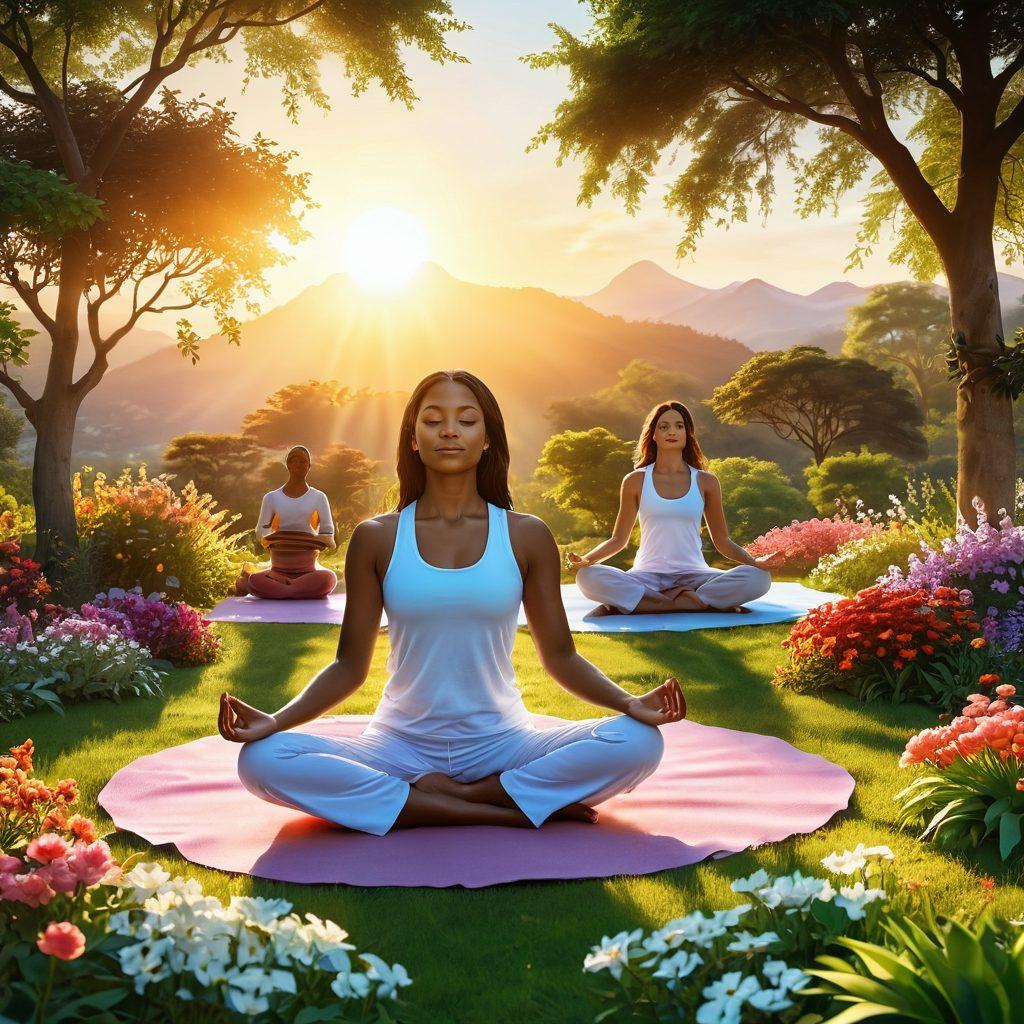 A radiant sunrise over a serene landscape, symbolizing inspiration and enthusiasm. Feature diverse people engaged in joyful activities, practicing yoga, dancing, and meditating, surrounded by blooming flowers and lush greenery. Include bright colors that evoke feelings of bliss and ecstasy. The scene conveys a sense of community and spiritual awakening. vibrant colors. super-realistic. 3D.